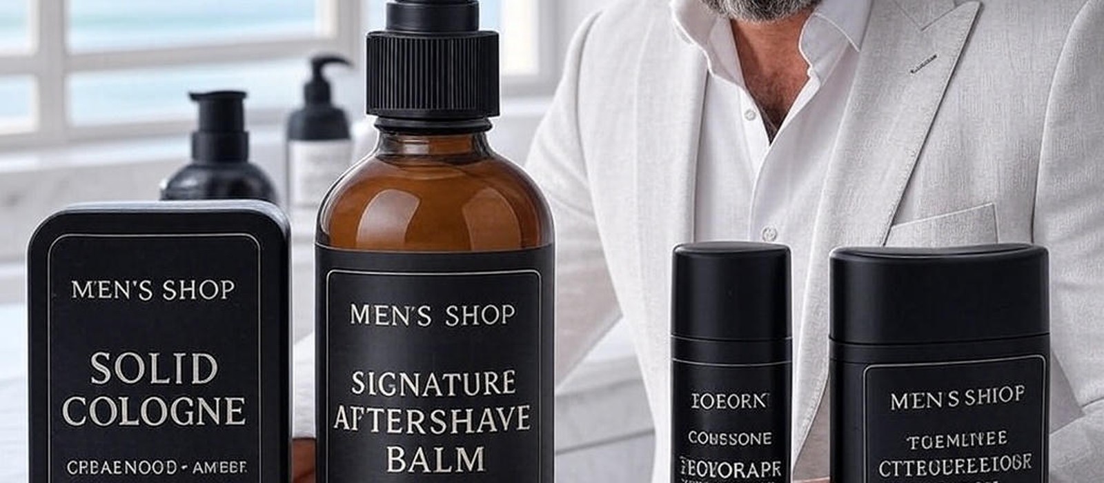 The Men's Shop grooming products with model