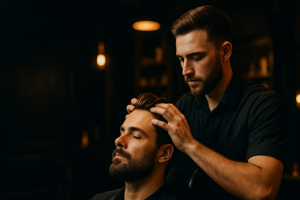 Barber massaging scalp and styling strong, healthy hair