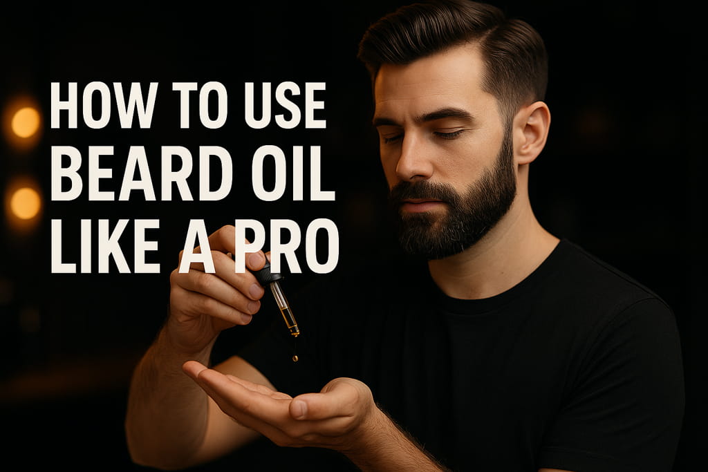 Barber applying beard oil to a well-groomed bearded client