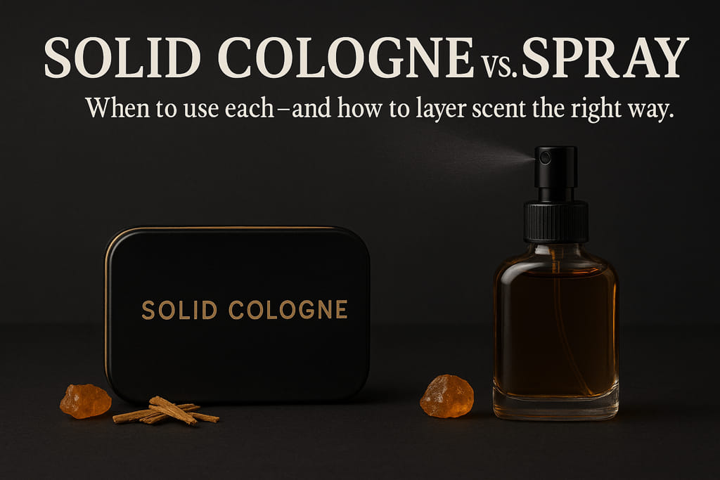 Solid cologne tin beside spray bottle on a dark grooming counter